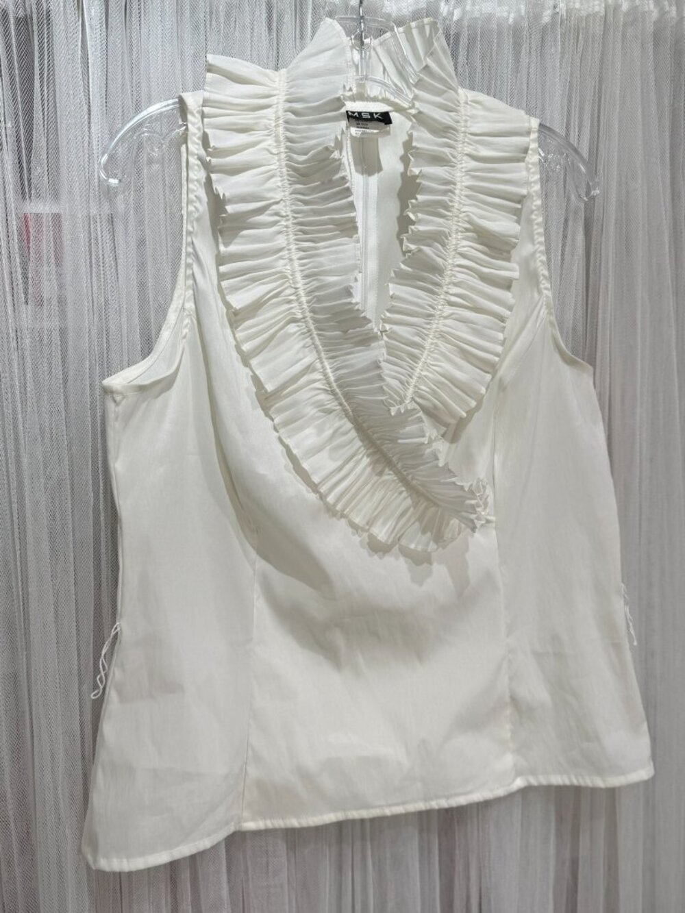 MSK Women's XL Ivory Pleated Ruffle Sleeveless Blouse Mock Neck Stretch Satin - Picture 2 of 10
